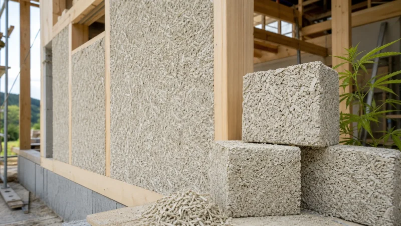 Hanfkalk-Ausfachung und Hanfkalksteine in einer modernen Holzkonstruktion