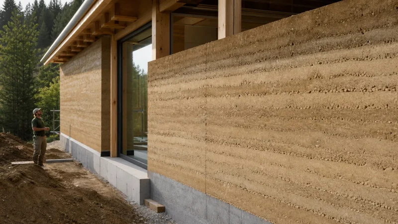 Moderner Stampflehmbau mit sichtbaren Erdschichten und Holztragwerk
